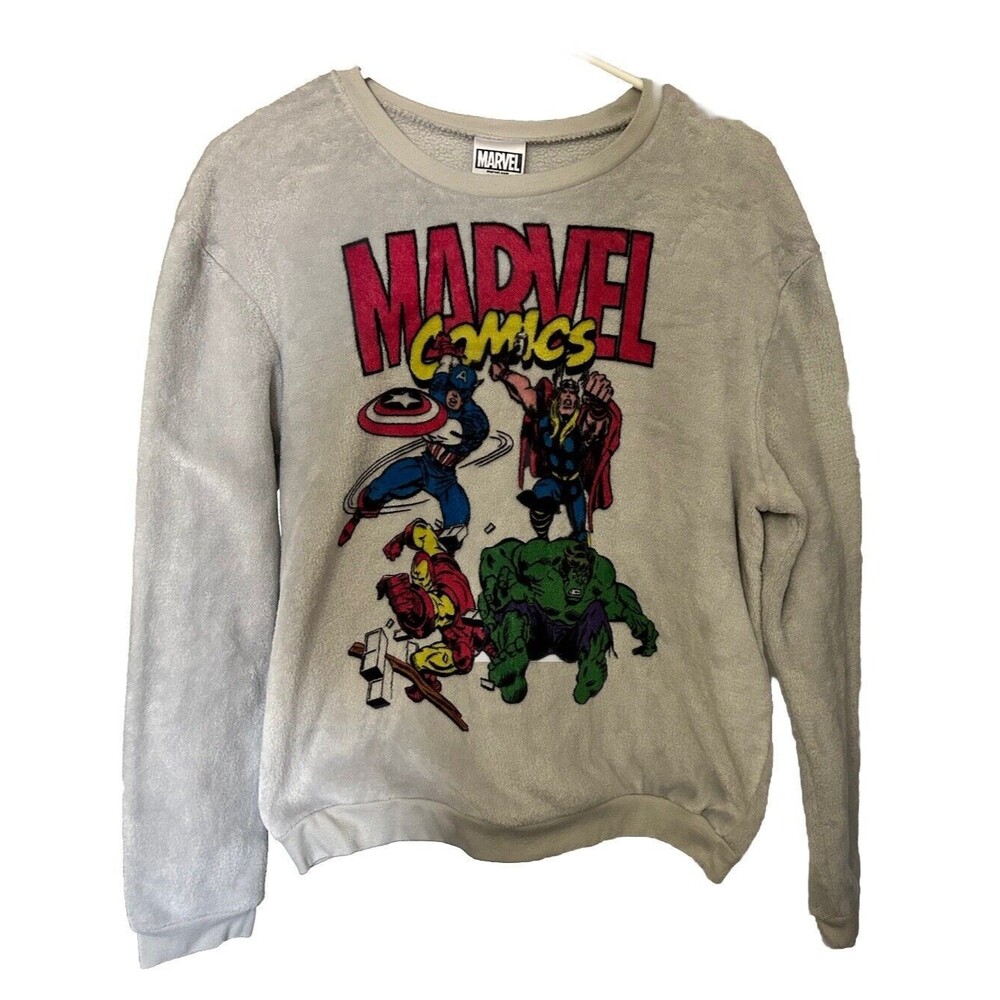 Marvel Womens L White Fleece SOFT Sweater Iron Man, Hulk, Thor & Captain America